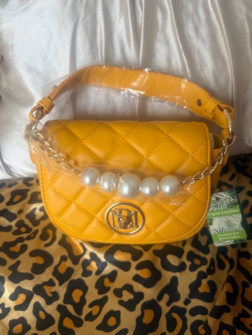 Badgley Mischka Quilted Yellow Crossbody with Pearl Chain Detail